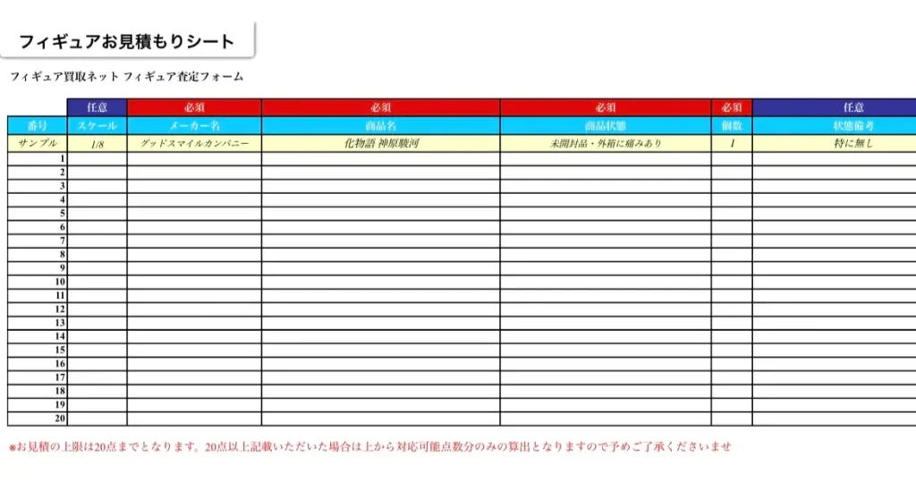 事前査定をするために記入する必要がある見積もりフォーム
