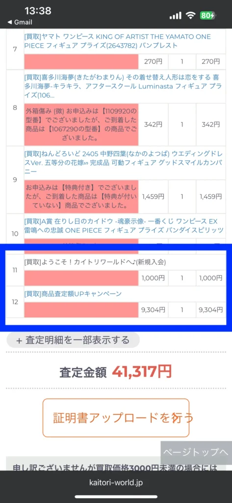 カイトリワールドのキャンペーンで買取金額が10,304円アップした
