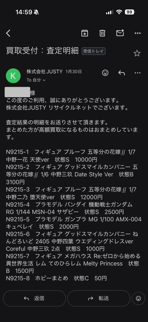 買取明細書を確認すると未開封フィギュアは基本的に状態Sとして評価されていた